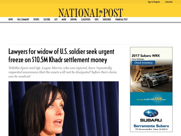 http://nationalpost.com/news/canada/relatives-of-slain-u-s-soldier-want-urgent-freeze-on-omar-khadrs-assets/wcm/6a5617d2-ad0b-47a8-9594-f15ef40f0af4